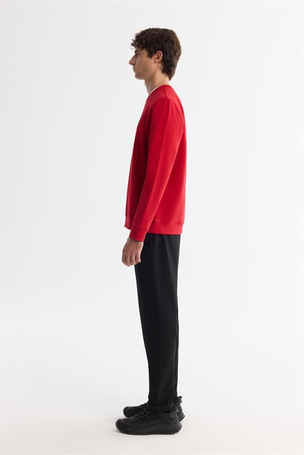 Kırmızı Bisiklet Yaka Pamuklu Baskılı Elastan Sweatshirt