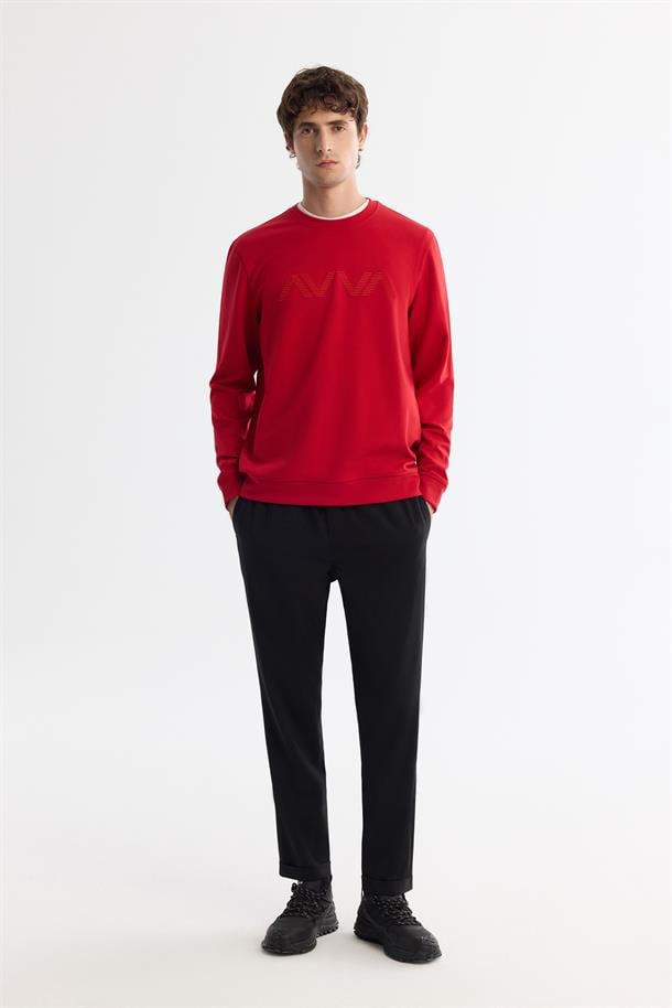 Kırmızı Bisiklet Yaka Pamuklu Baskılı Elastan Sweatshirt