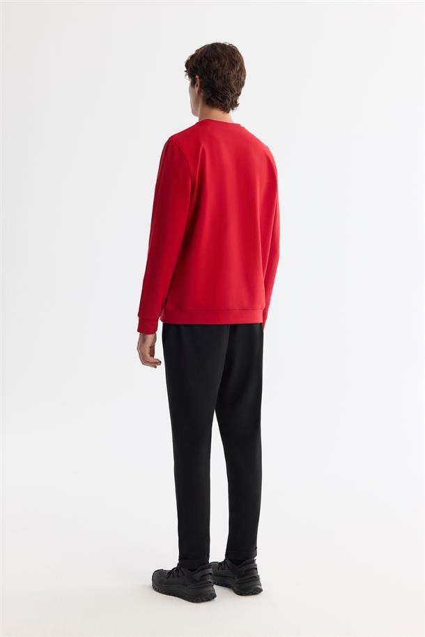 Kırmızı Bisiklet Yaka Pamuklu Baskılı Elastan Sweatshirt