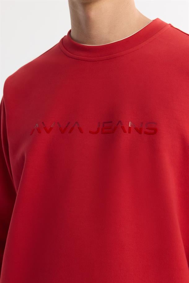 Kırmızı Bisiklet Yaka Pamuklu Baskılı Elastan Sweatshirt