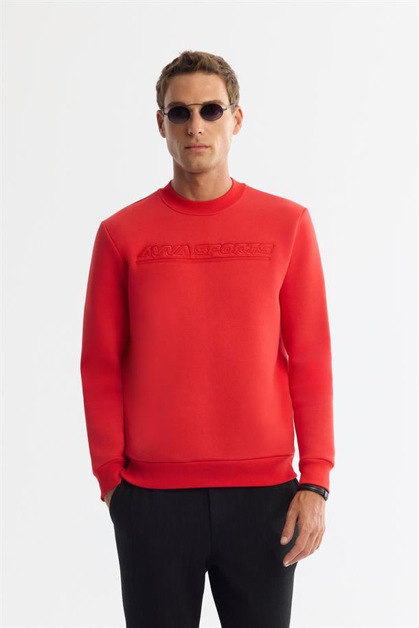 Kırmızı Bisiklet Yaka 3 İplik Şardonlu Baskılı Sweatshirt