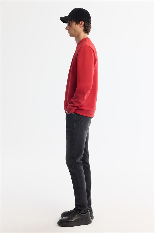 Kırmızı Bisiklet Yaka Pamuklu Baskılı Elastan Sweatshirt