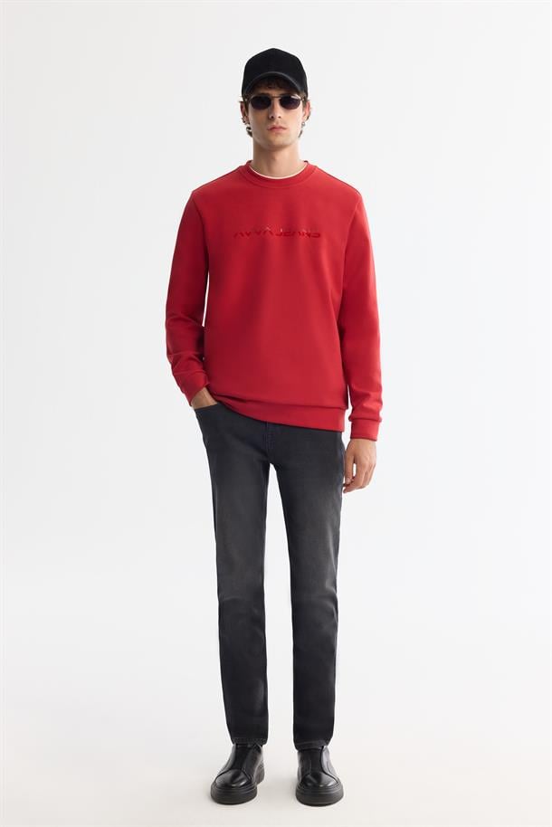 Kırmızı Bisiklet Yaka Pamuklu Baskılı Elastan Sweatshirt