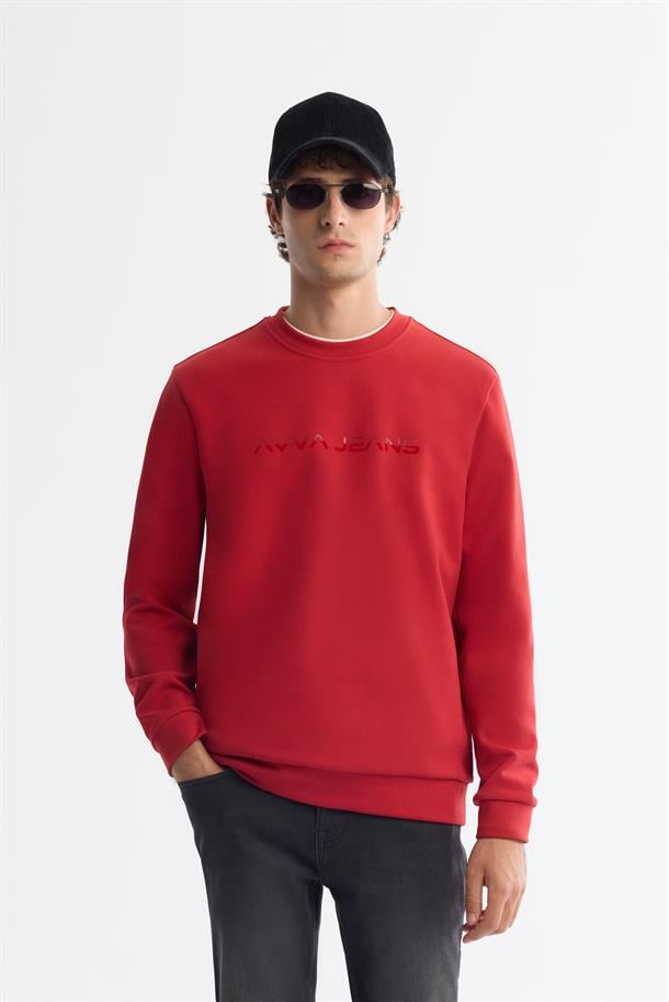 Kırmızı Bisiklet Yaka Pamuklu Baskılı Elastan Sweatshirt