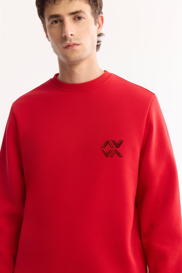 Kırmızı Bisiklet Yaka Kolay Ütülenen Bi-Stretch Basic Sweatshirt