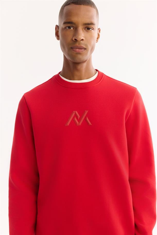 Kırmızı Bisiklet Yaka Kolay Ütülenen Şardonlu Baskılı Sweatshirt