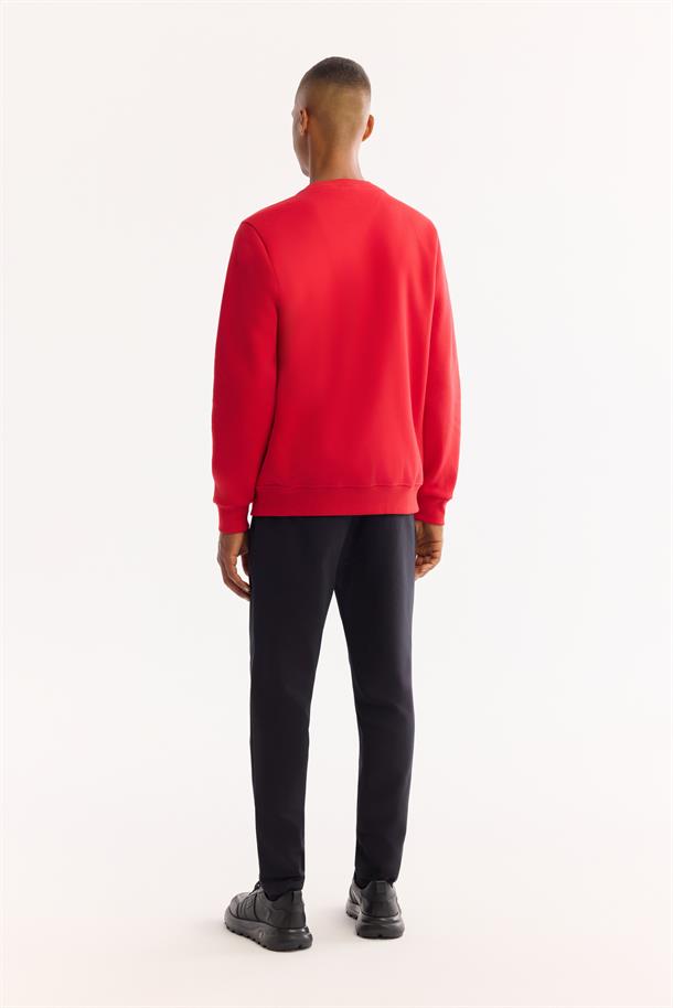 Kırmızı Bisiklet Yaka Kolay Ütülenen Şardonlu Baskılı Sweatshirt