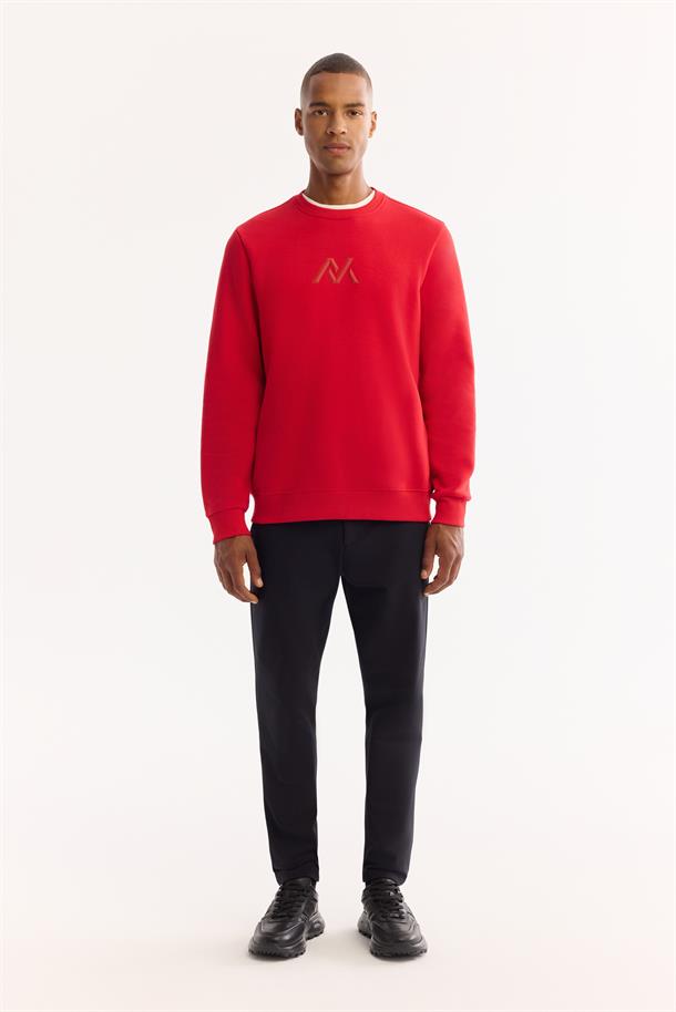 Kırmızı Bisiklet Yaka Kolay Ütülenen Şardonlu Baskılı Sweatshirt