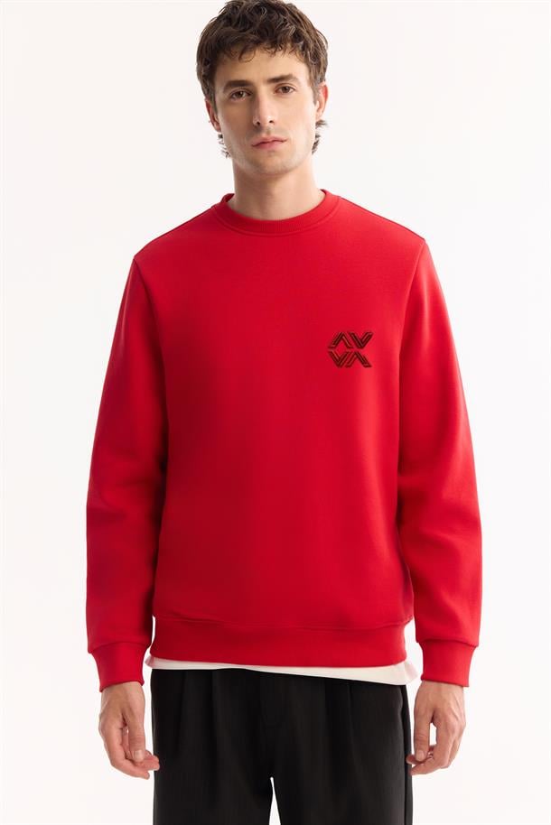 Kırmızı Bisiklet Yaka Kolay Ütülenen Bi-Stretch Basic Sweatshirt