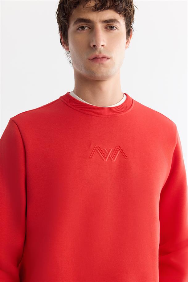 Kırmızı Bisiklet Yaka Şardonlu Kolay Ütülenen Baskılı Sweatshirt