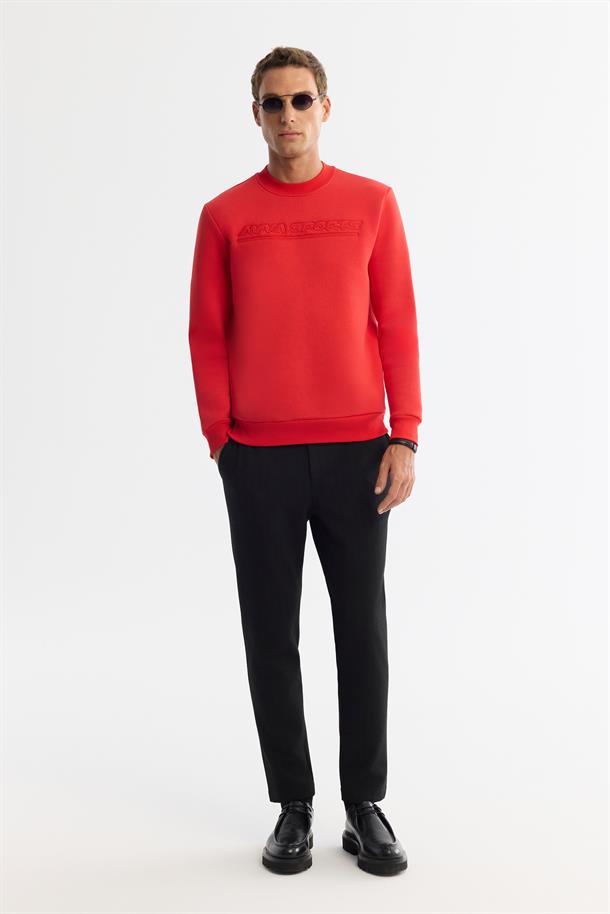 Kırmızı Bisiklet Yaka 3 İplik Şardonlu Baskılı Sweatshirt