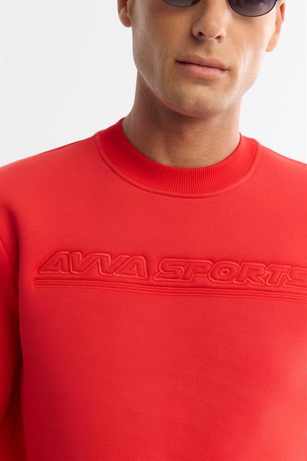 Kırmızı Bisiklet Yaka 3 İplik Şardonlu Baskılı Sweatshirt