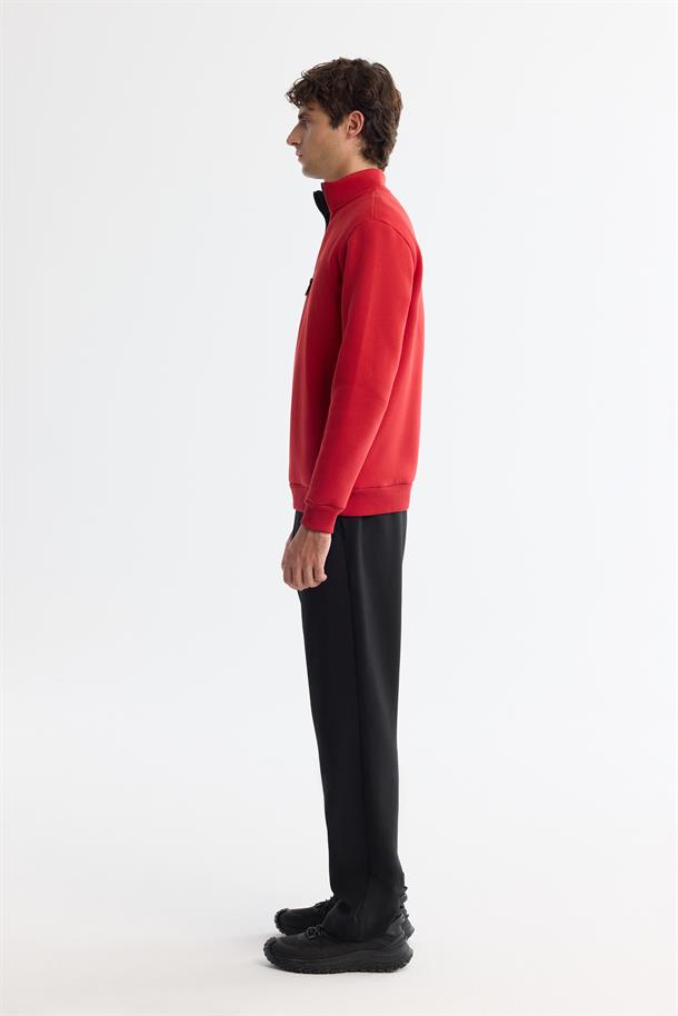 Kırmızı Dik Yaka Fermuarlı 3 İplik Şardonlu Sweatshirt