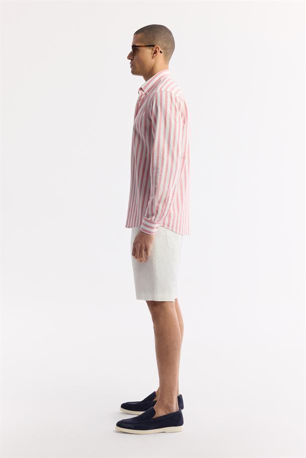 Kırmızı Düğmeli Yaka Çizgili %100 Pamuk Gömlek