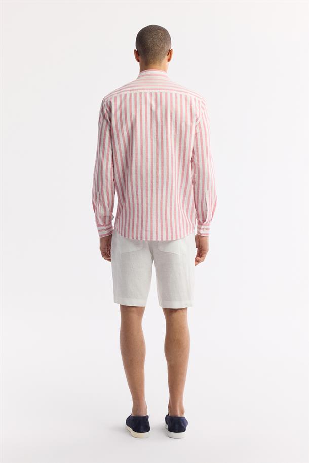 Kırmızı Düğmeli Yaka Çizgili %100 Pamuk Gömlek