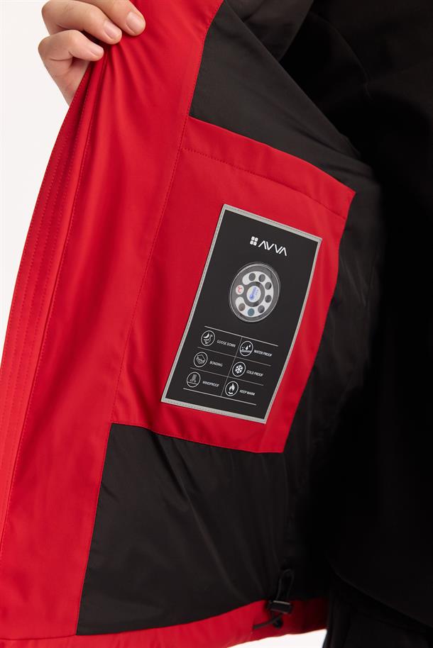 Kırmızı Kapüşonlu Kaz Tüyü Su İtici Rüzgar Geçirmez -10 Dereceye Dayanıklı Şişme Mont