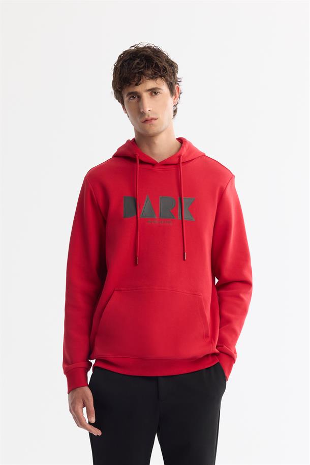 Kırmızı Kapüşonlu Pamuklu Baskılı Elastan Sweatshirt