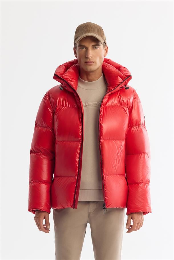 Red Windproof Hooded Puffer Jacket