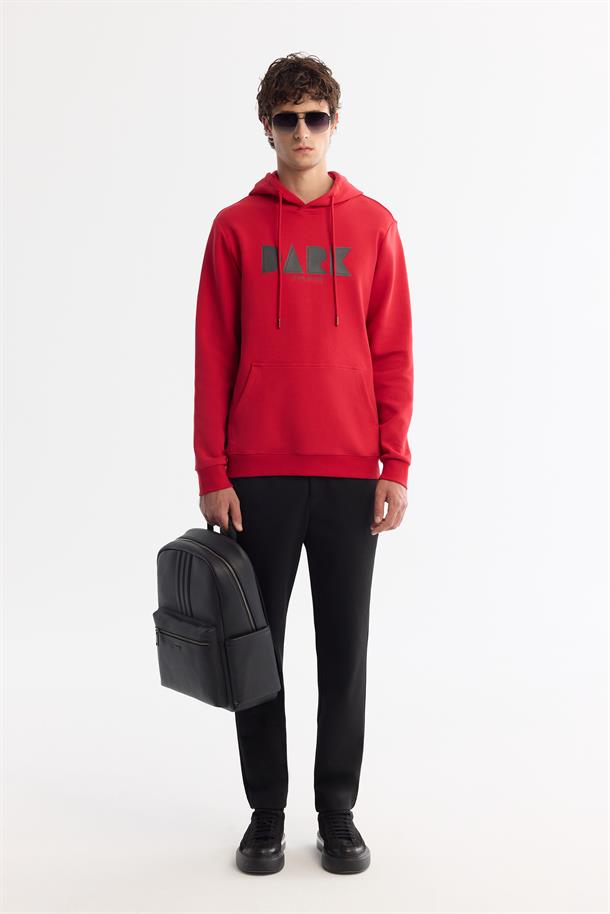 Kırmızı Kapüşonlu Pamuklu Baskılı Elastan Sweatshirt