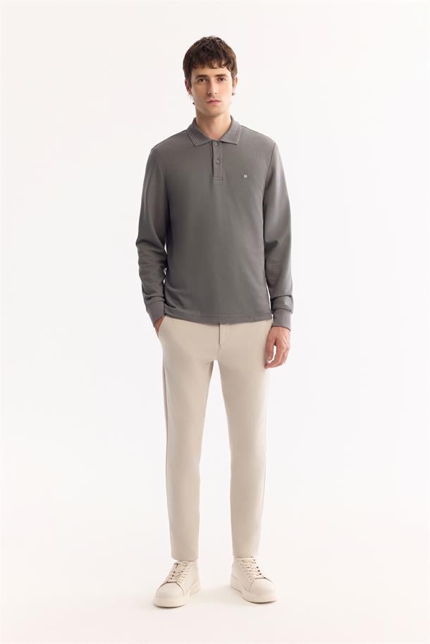 Koyu Gri Polo Yaka Kolay Ütülenen Basic Sweatshirt