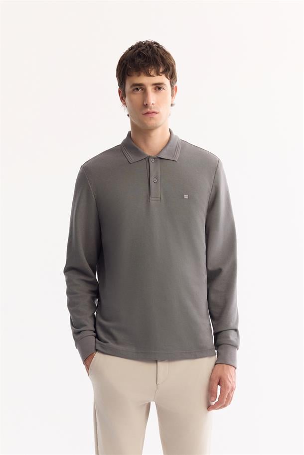 Koyu Gri Polo Yaka Kolay Ütülenen Basic Sweatshirt