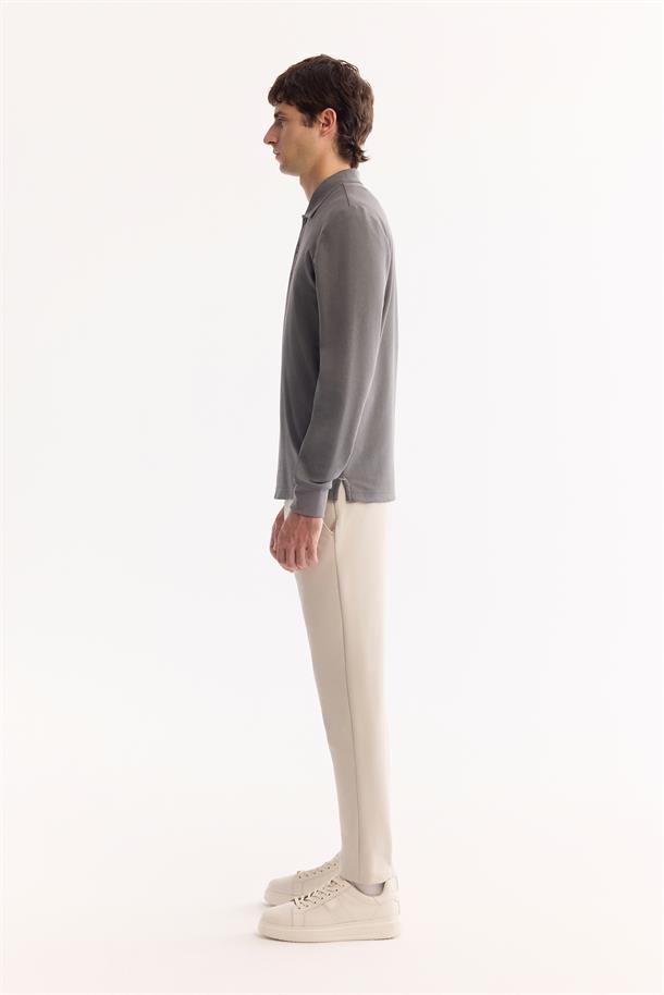 Koyu Gri Polo Yaka Kolay Ütülenen Basic Sweatshirt