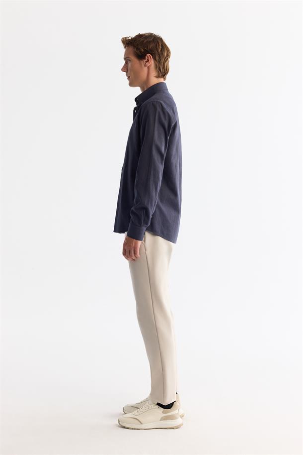 Koyu Lacivert Düğmeli Yaka %100 Pamuk Gömlek