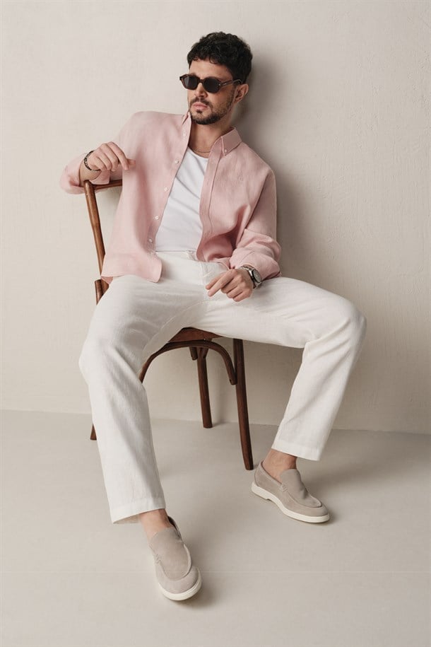 Koyu Pembe Düğmeli Yaka %100 Keten Gömlek