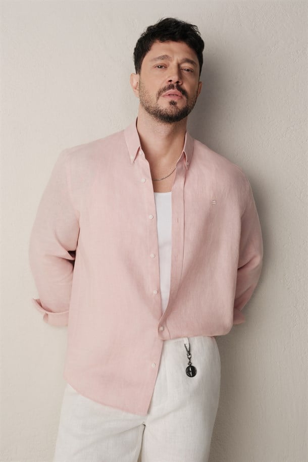 Koyu Pembe Düğmeli Yaka %100 Keten Gömlek