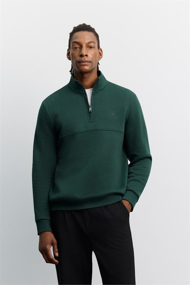 Koyu Yeşil Dik Yaka Fermuarlı -5 Dereceye Dayanıklı Sweatshirt