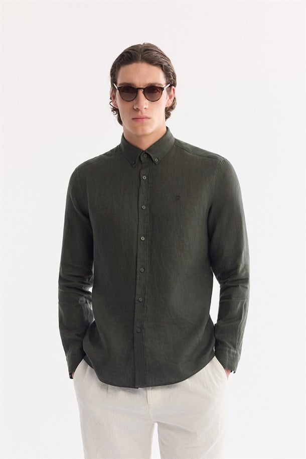 Koyu Yeşil Düğmeli Yaka %100 Keten Gömlek