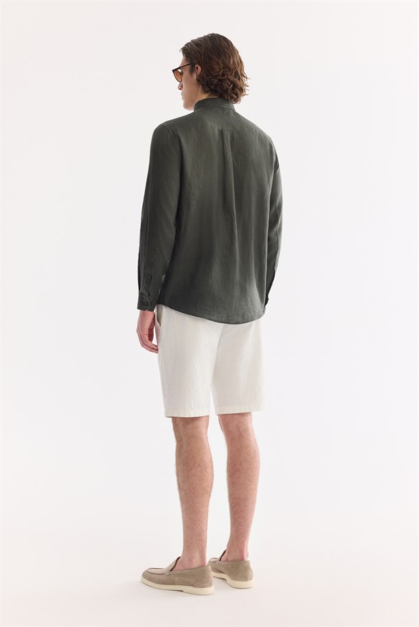 Koyu Yeşil Düğmeli Yaka %100 Keten Gömlek