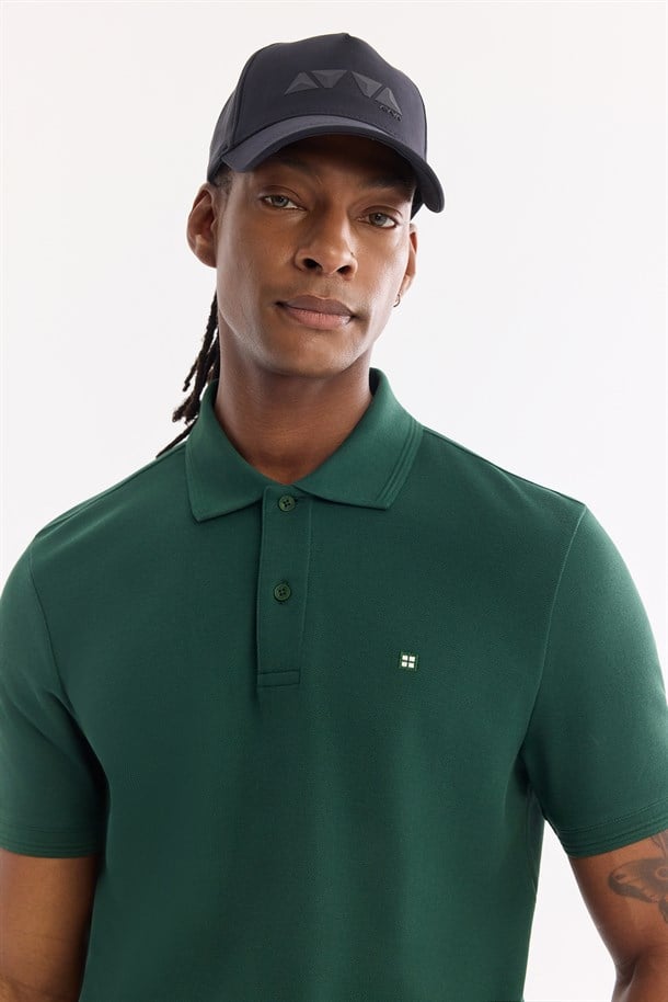 Koyu Yeşil Kıvrılmaz Polo Yaka %100 Pamuk Basic T-Shirt