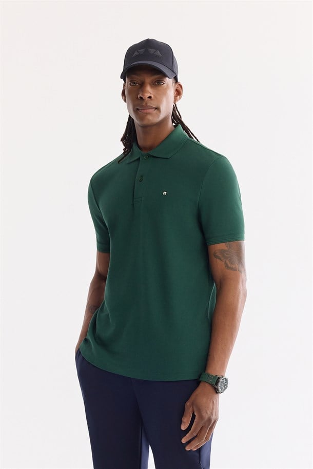 Koyu Yeşil Kıvrılmaz Polo Yaka %100 Pamuk Basic T-Shirt
