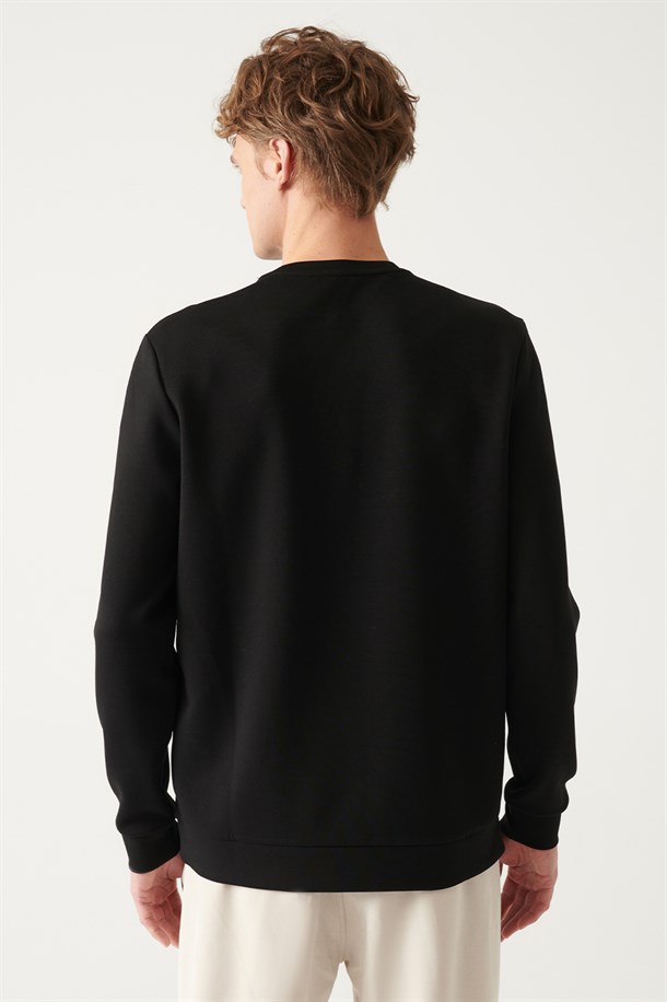 Siyah Bisiklet Yaka Esnek Yumuşak Doku İnterlok Kumaş Basic Sweatshirt