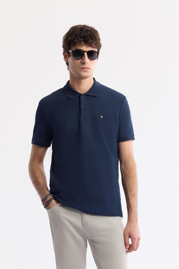 Lacivert Kıvrılmaz Polo Yaka %100 Pamuk Basic T-Shirt