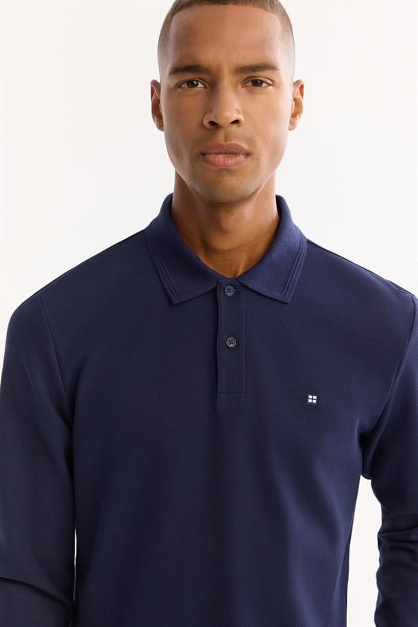 Lacivert Polo Yaka Kolay Ütülenen Basic Sweatshirt