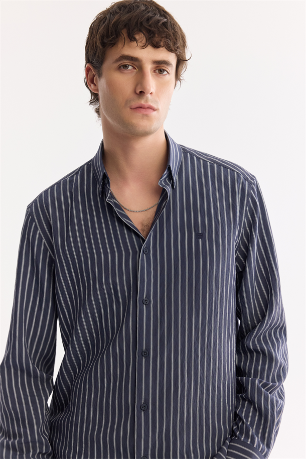 Lacivert Alttan Britli Çizgili Nefes Alan Soft Touch Gömlek