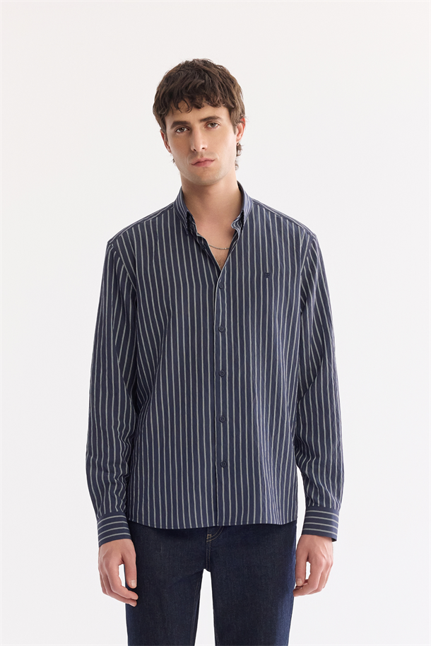 Lacivert Alttan Britli Çizgili Nefes Alan Soft Touch Gömlek