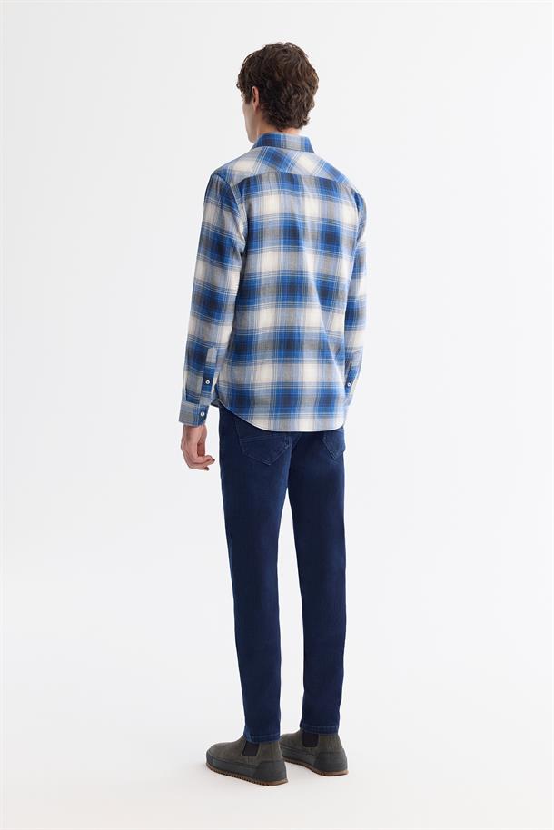 Lacivert Düğmeli Yaka %100 Pamuk Flanel Gömlek