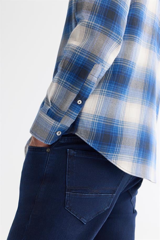 Lacivert Düğmeli Yaka %100 Pamuk Flanel Gömlek