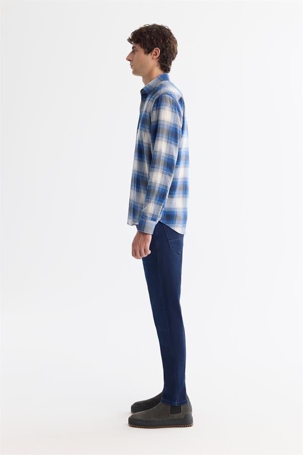 Lacivert Düğmeli Yaka %100 Pamuk Flanel Gömlek