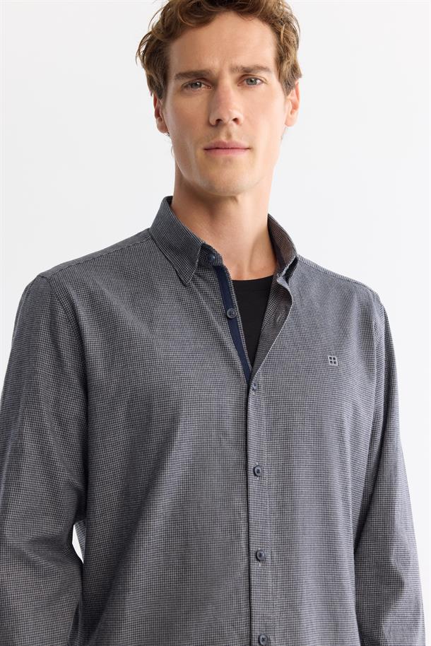 Lacivert Düğmeli Yaka %100 Pamuk Flanel Gömlek