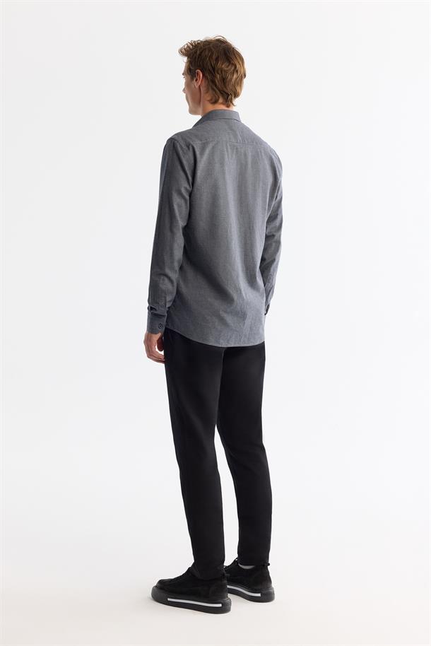 Lacivert Düğmeli Yaka %100 Pamuk Flanel Gömlek