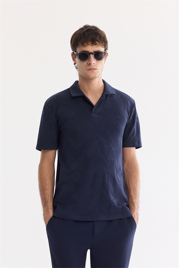 Lacivert Apaj Yaka Kolay Ütülenen Elastan T-Shirt