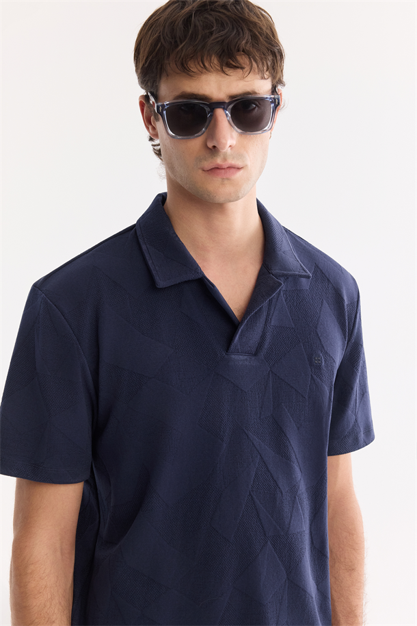 Lacivert Apaj Yaka Kolay Ütülenen Elastan T-Shirt