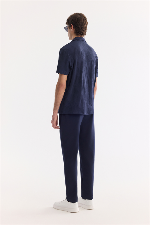 Lacivert Apaj Yaka Kolay Ütülenen Elastan T-Shirt
