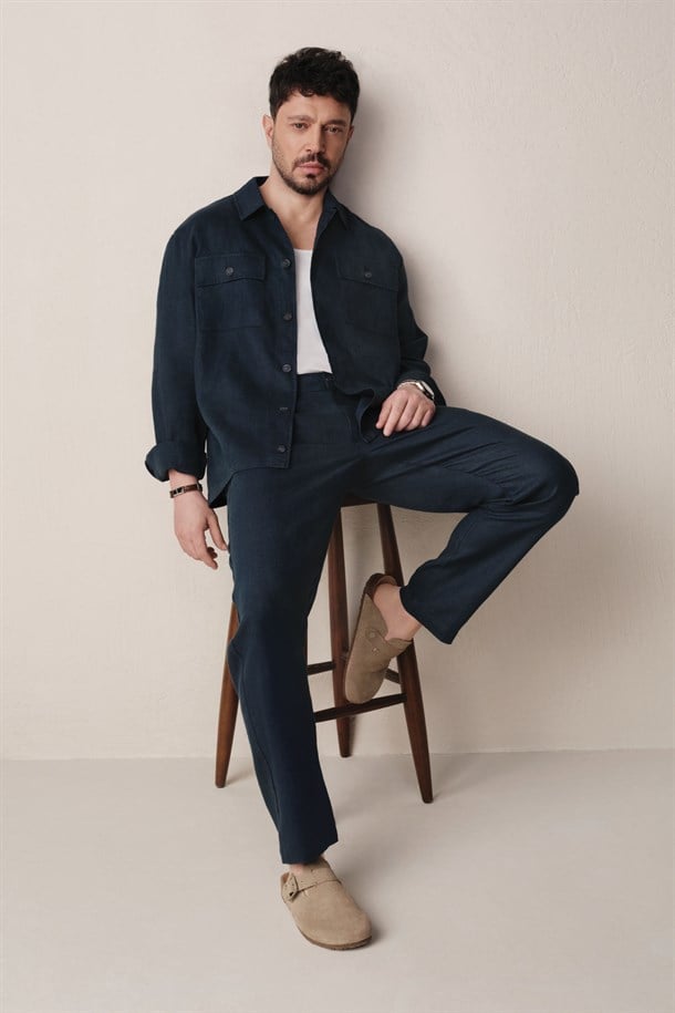 Lacivert Beli Lastikli %100 Keten Pantolon