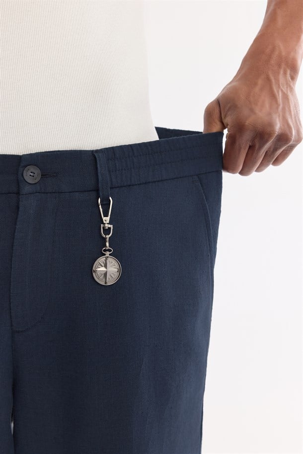 Lacivert Beli Lastikli %100 Keten Pantolon