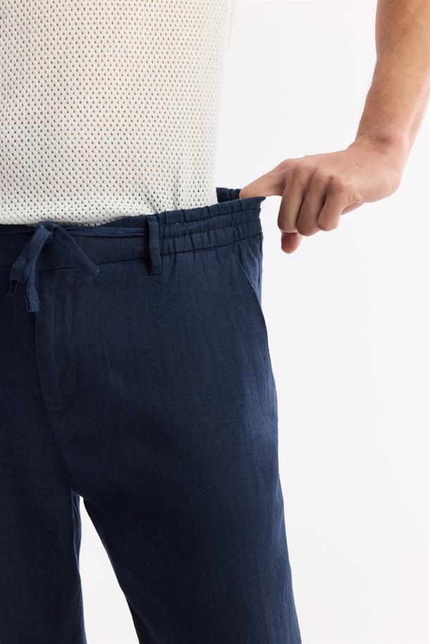 Lacivert Beli Lastikli %100 Keten Pantolon